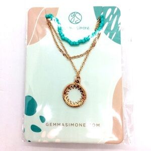 3/$30 GEMMA SIMONE ROSE GOLD NECKLACE CIRCLE SUN CHARM TURQUOISE BEAD LAYER